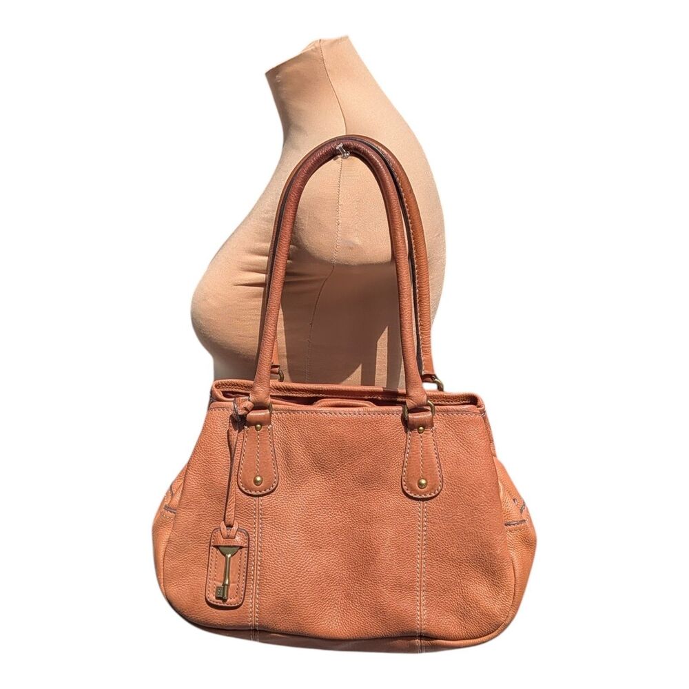 Fossil Brown Leather Handbag Satchel Shoulder Bag Classic Key Charm Hobo Tote